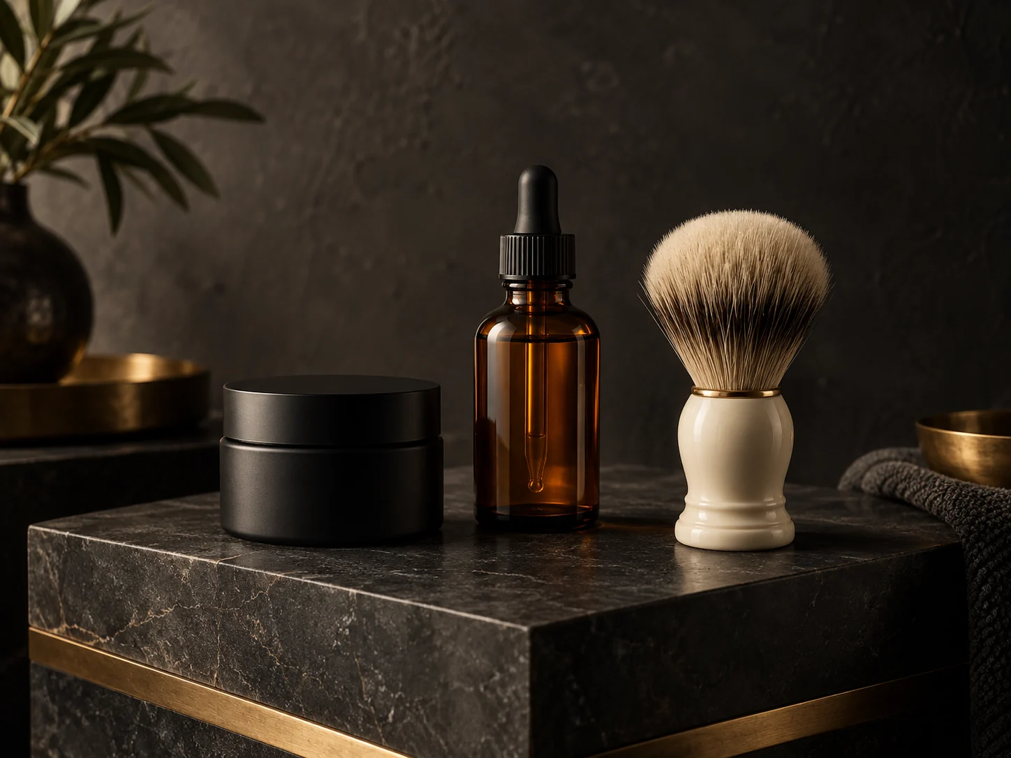 Luxury unbranded pomade, beard oil and shaving brush on black stone